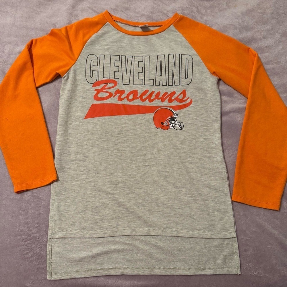 NFL Team Apparel Cleveland Browns Womens Raglan Long Sleeve Shirt Gray Orange M